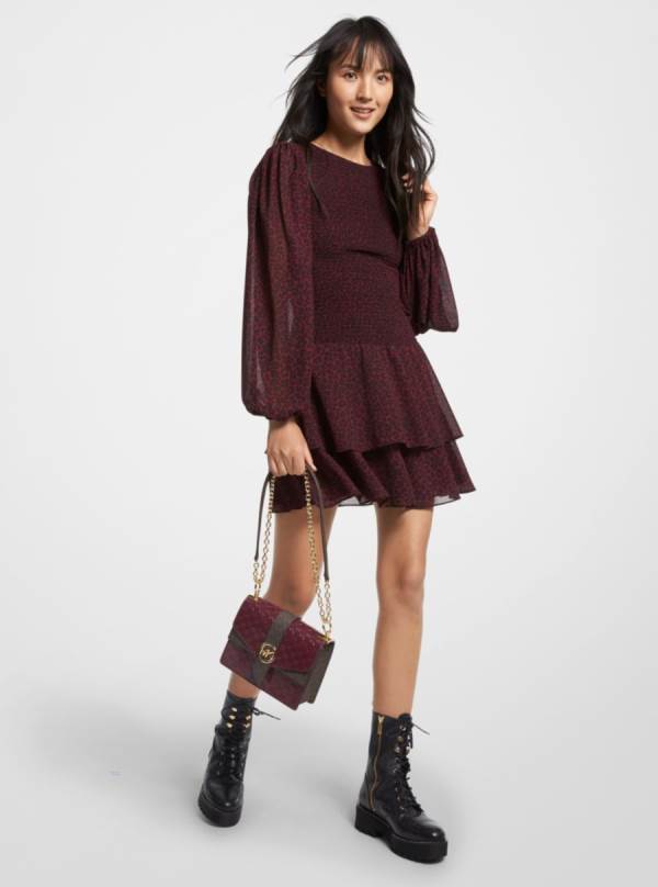 Damske Saty Michael Kors Leopard Print Georgette Smocked Bordove - Oblecenie Michael Kors Slevy | FNEQI-1498